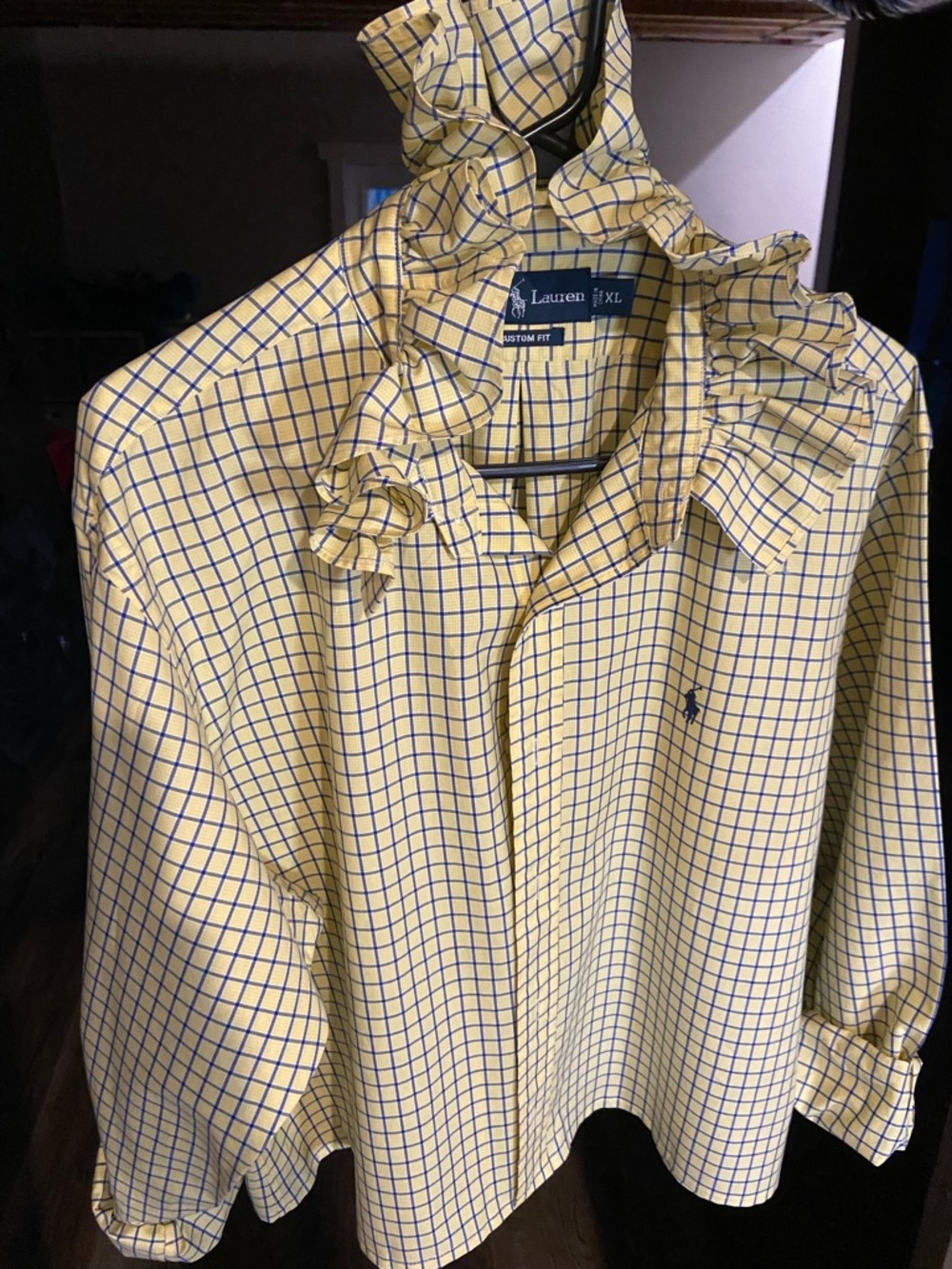 Women’s Ralph Lauren Yellow and Navy Ruffle Collar Check Shirt